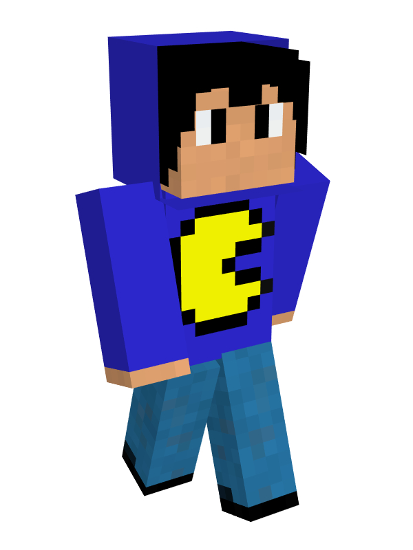 Pac's original skin. He has tan skin, dark shaggy black hair, and black eyes. He wears a bold bright blue hoodie with the hood flipped up, and blue jeans with black sneakers. On the hoodie is a PacMan symbol.